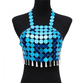 Shiny Sequin Beach Tank Tops Women Fashion Sequined Tassel Halter Backless Crop Top Festival Rave